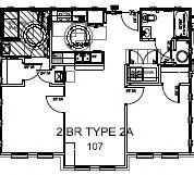 Floor plan for 2 beds, 2 baths, 870 sqft